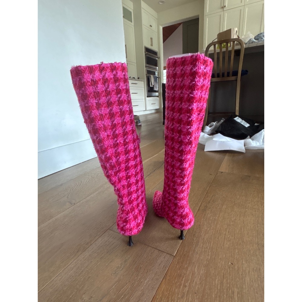 Betsey Johnson Maxxine Pink Houndstooth Tweed Tall Kitten Heel Boots Size 8M - Picture 3 of 10